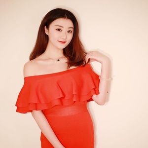 Endless Rose Knit Off shoulder Dress Red